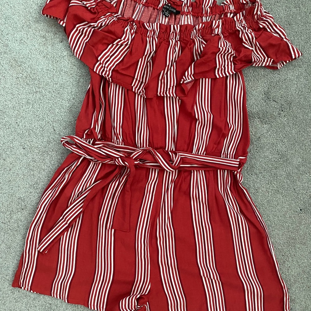 Red and white stripe strapless romper